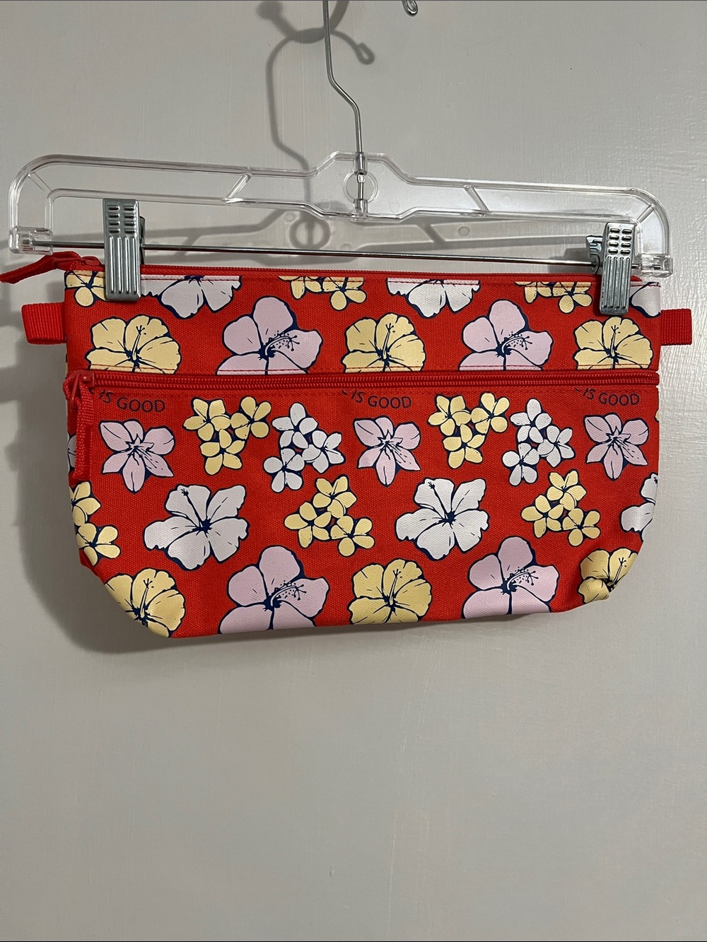 Life is Good Red Floral Zip Pouch with Pink & Yellow Blooms